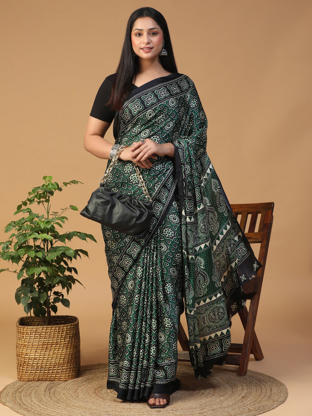 Designer Geometric Ajrak Block print crepe saree