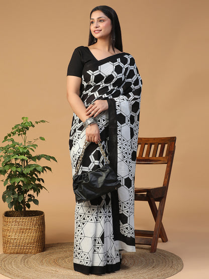 Designer block printed pure cotton mulmul Saree