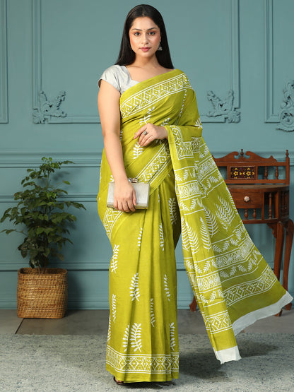 Designer block printed pure cotton mulmul Saree
