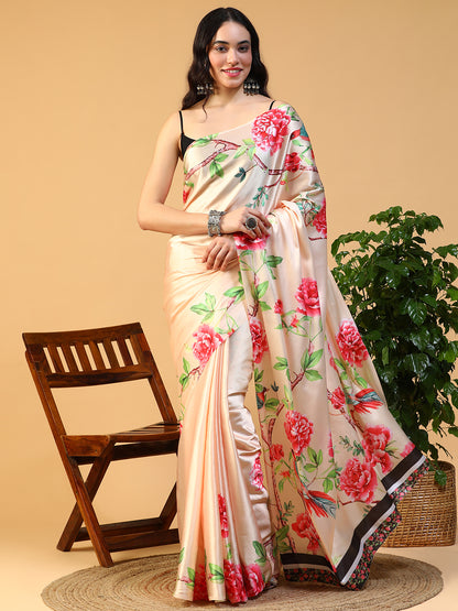 Designer digital printed Japan satin saree