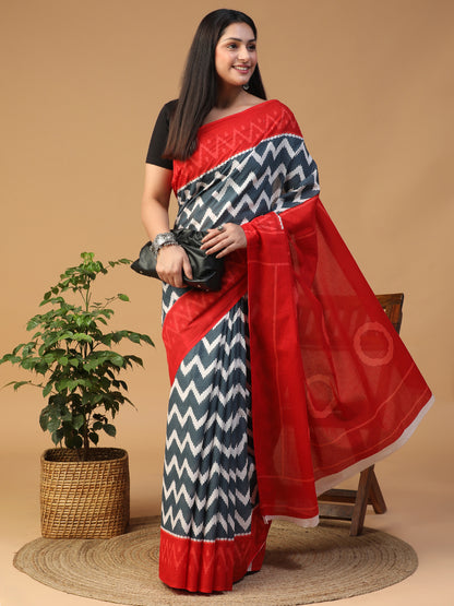 Designer block printed pure cotton mulmul Saree