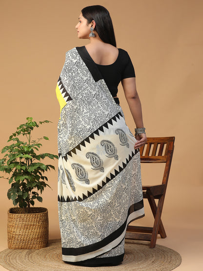 Designer block printed pure cotton mulmul Saree