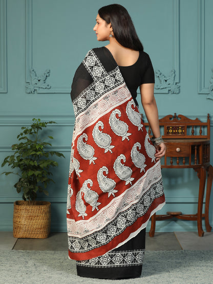 Designer block printed pure cotton mulmul Saree