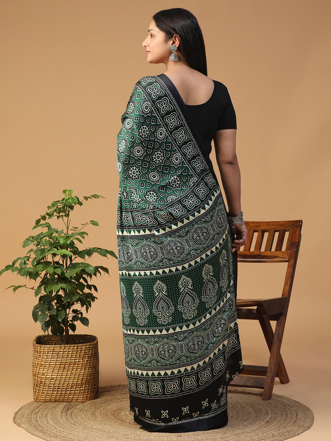Designer Geometric Ajrak Block print crepe saree