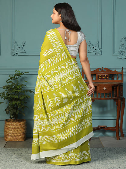 Designer block printed pure cotton mulmul Saree