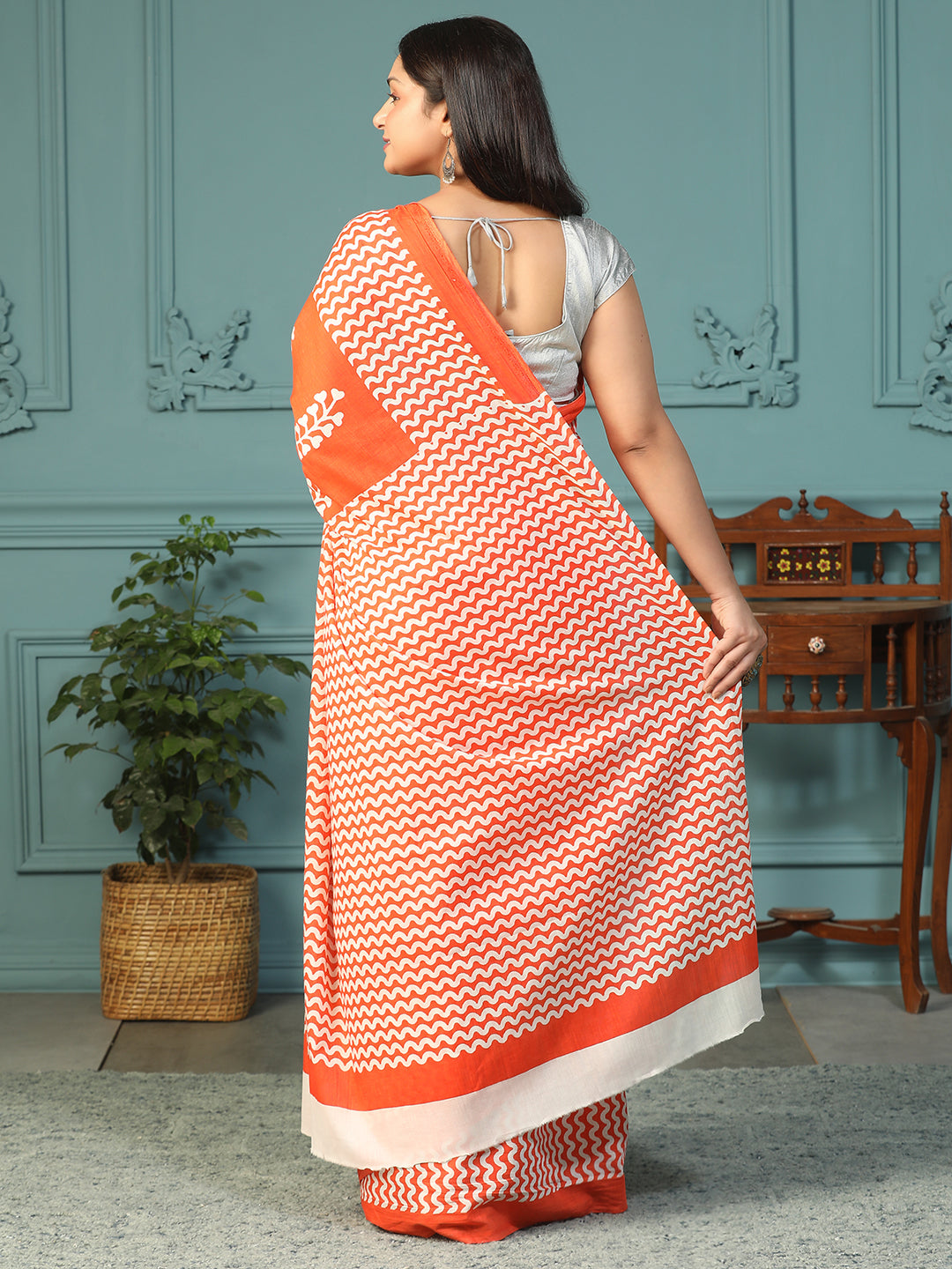 Designer block printed pure cotton mulmul Saree