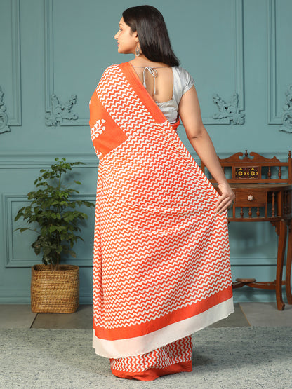 Designer block printed pure cotton mulmul Saree