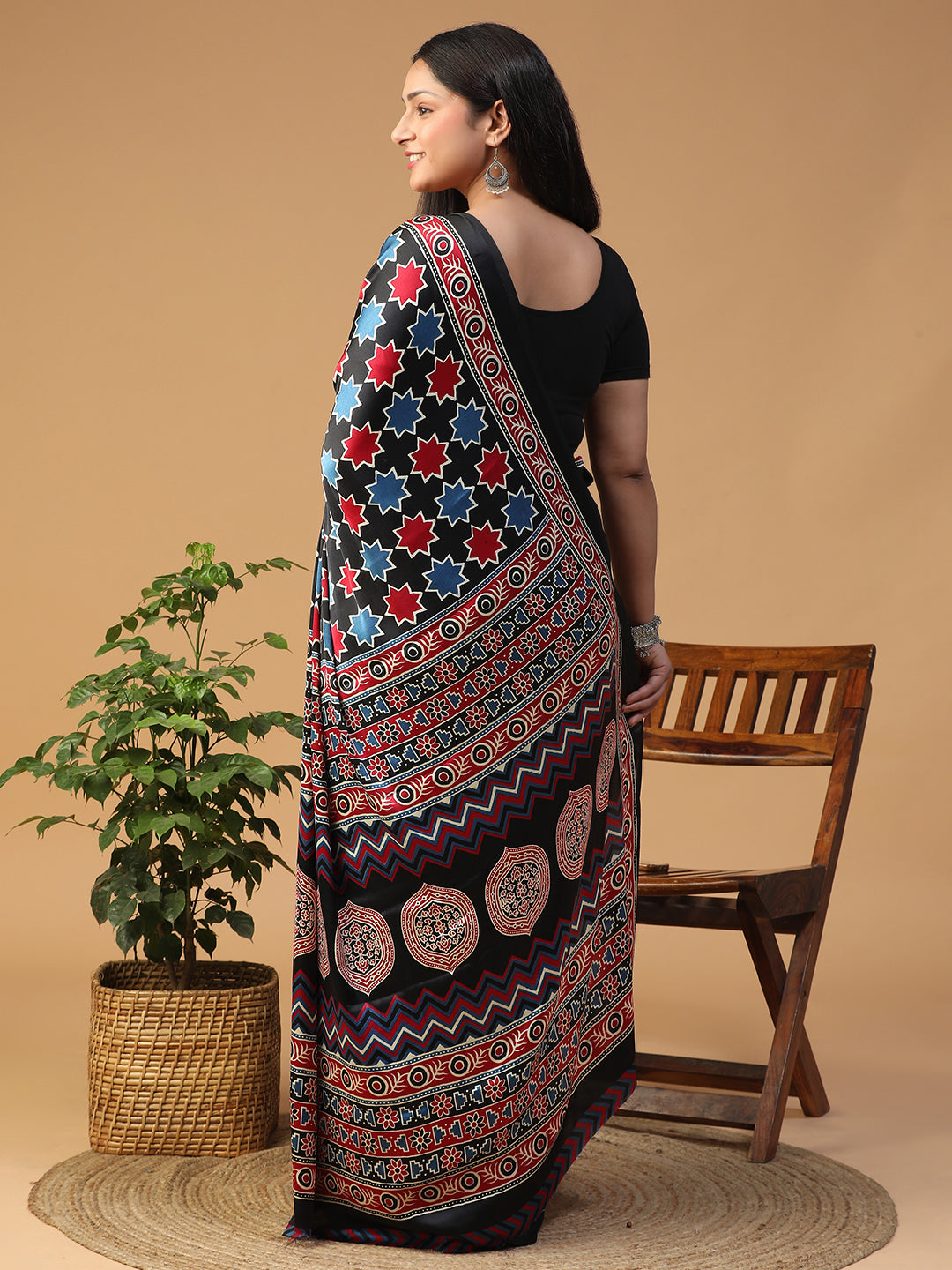 Designer Geometric Ajrak Block print crepe saree