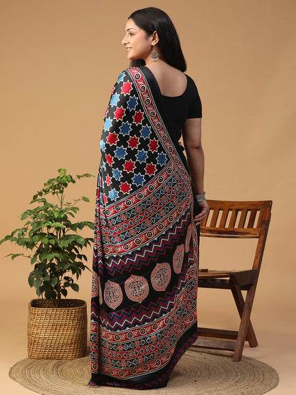 Designer Geometric Ajrak Block print crepe saree