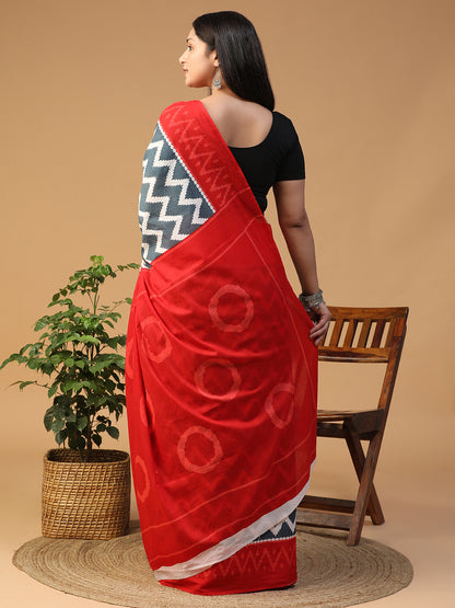 Designer block printed pure cotton mulmul Saree