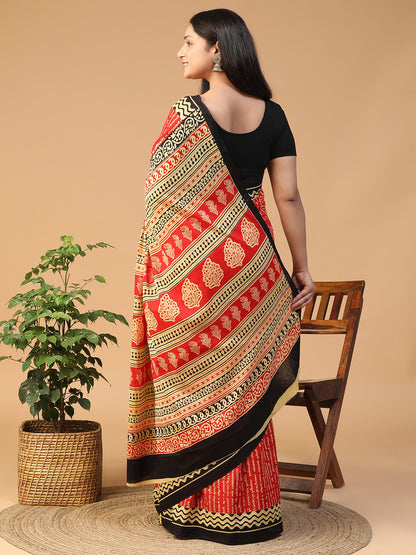 Designer block printed pure cotton mulmul Saree