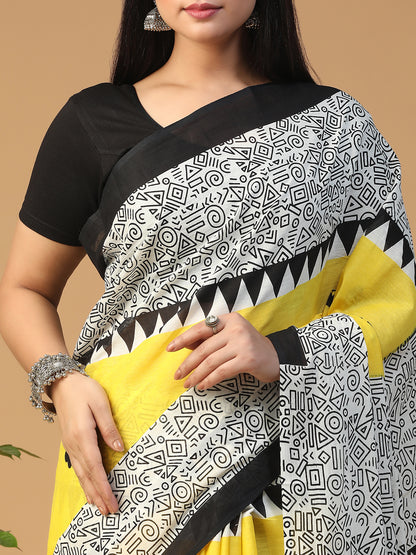Designer block printed pure cotton mulmul Saree
