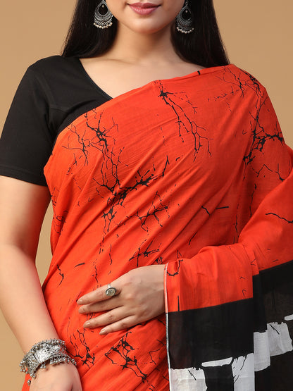 Designer block printed pure cotton mulmul Saree