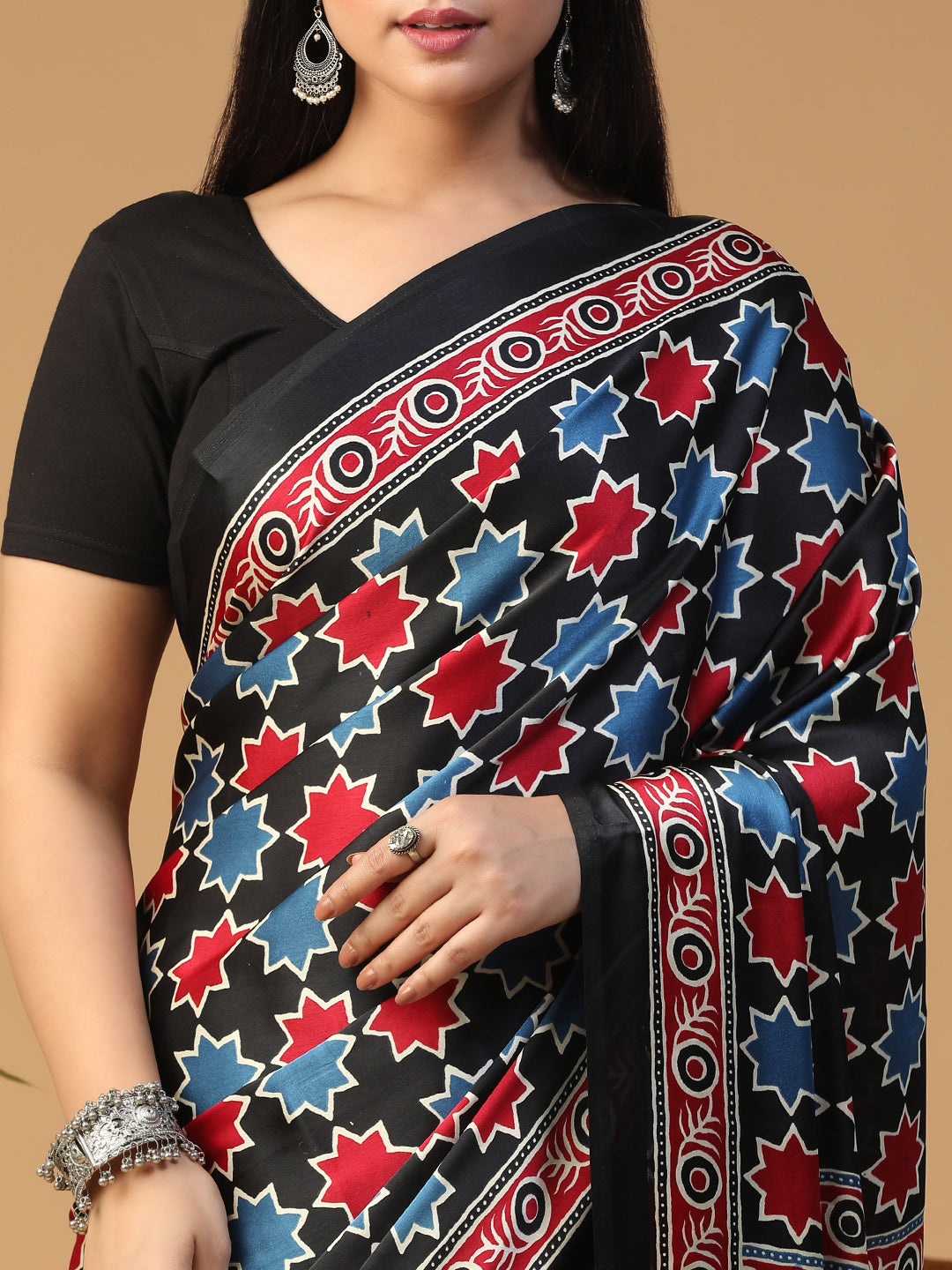 Designer Geometric Ajrak Block print crepe saree