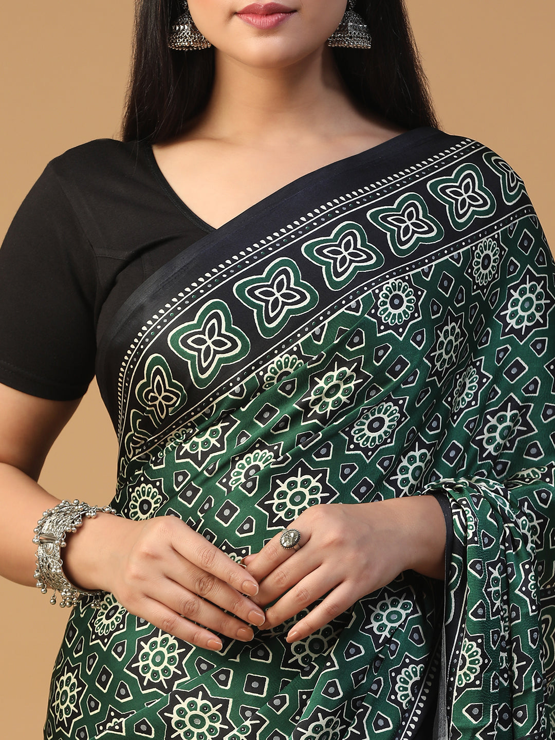Designer Geometric Ajrak Block print crepe saree
