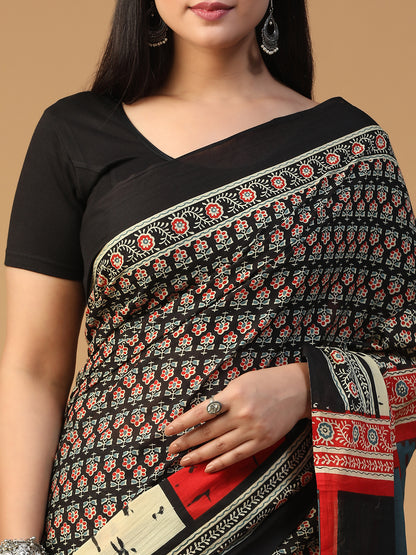 Designer block printed pure cotton mulmul Saree