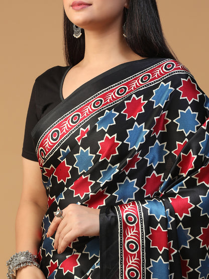 Designer Geometric Ajrak Block print crepe saree