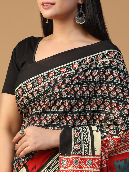Designer block printed pure cotton mulmul Saree