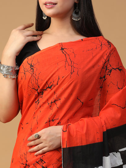 Designer block printed pure cotton mulmul Saree